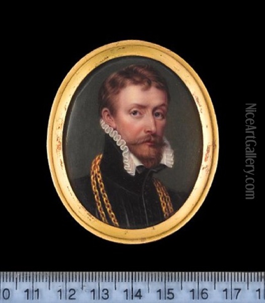 Sir Antonio Mor, Wearing Black Doublet, White Frill-edged Collar And Double Gold Chain Oil Painting - Henry-Pierce Bone