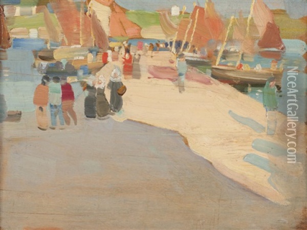 A Busy Quay In Brittany Oil Painting - Robert Brough