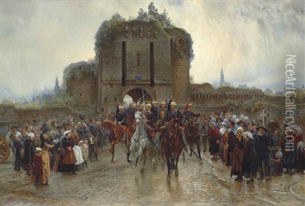 To The Front: French Cavalry Leaving A Breton City On The Declaration Of War Oil Painting - Elizabeth Southerden (Lady Butler) Thompson