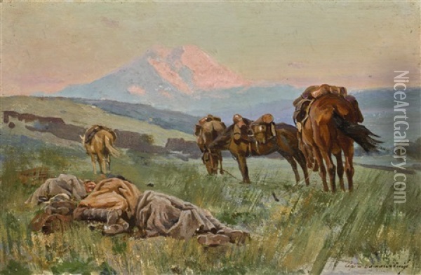 Bivouac At The Foot Of Mount Elbrus Oil Painting - Sergei Ivanovich Vasil'kovsky
