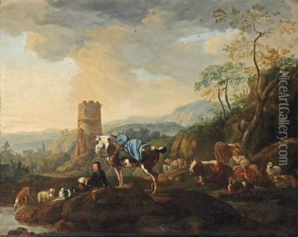 A Rocky Landscape With Shepherds And Their Cattle Resting By A Stream Oil Painting - Johann Heinrich Roos
