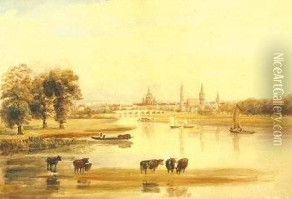 Attributed To. Cattle Grazing By The River Elbe, A View Of Dresden Beyond Oil Painting - Peter de Wint