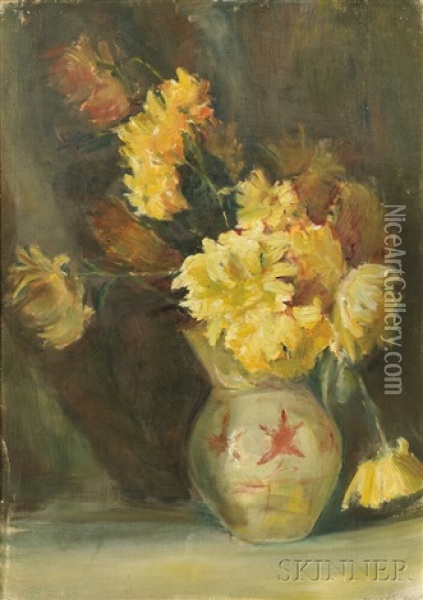 Still Life With Yellow Flowers In A Ceramic Vase Oil Painting - Anna S. Fisher