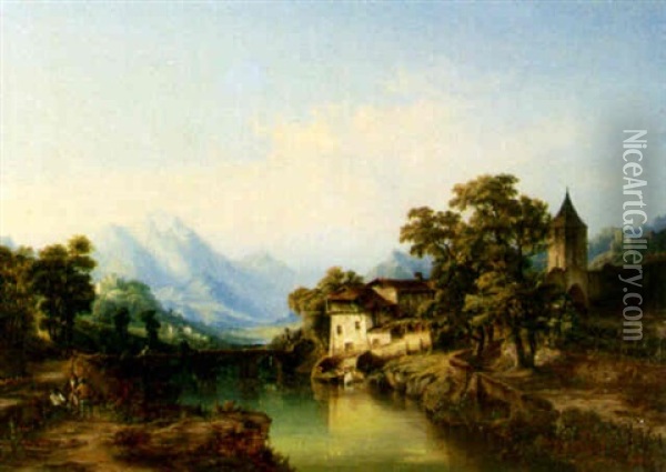 A Small Village In An Expansive Landscape Oil Painting - Henry Jackel