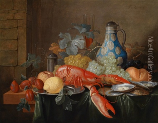 Ein Stillleben Mit Gekochtem Hummer, Austern Und Fruchten Oil Painting - Alexander Coosemans