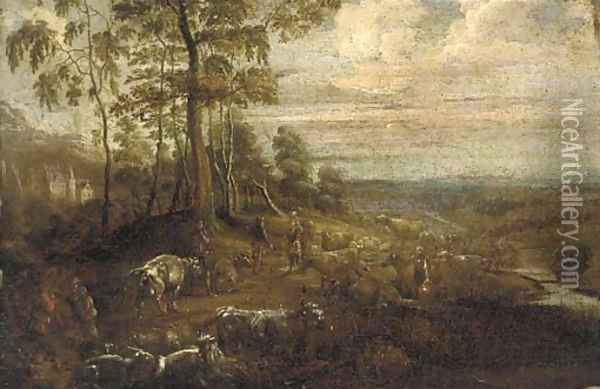 An extensive landscape with figures and cattle by a river, a castle in the distance Oil Painting - Lucas Van Uden