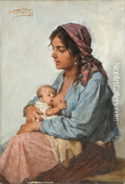 Gyermeket Szoptato Anya Oil Painting - Gyoergy Vastagh