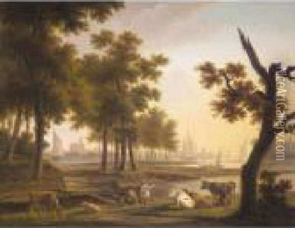 A River Landscape With A 
Dairymaid Milking Cows, Together With Other Figures, A Town Beyond Oil Painting - Frans Swagers