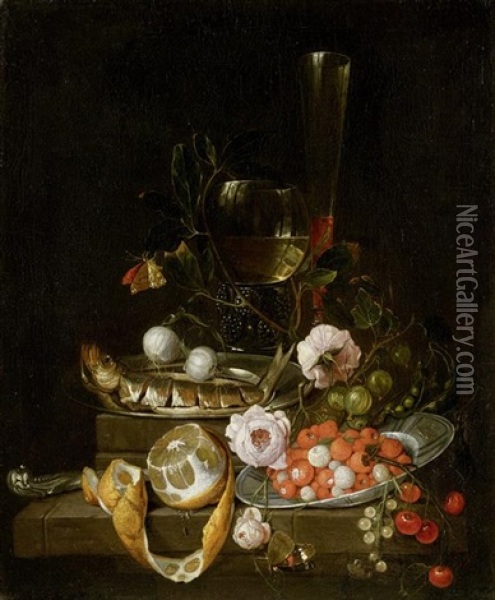 Stillleben Mit Einem Hering, Fruchten Und Rosen Oil Painting - David Cornelisz Heem III