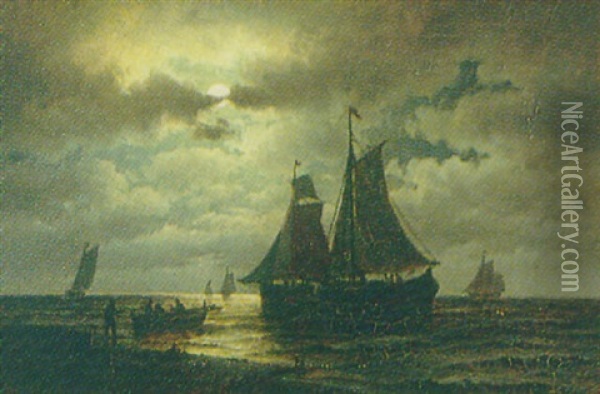 Manebelyst Kyst Med Sejlskibe Oil Painting - Carl Ludwig Bille