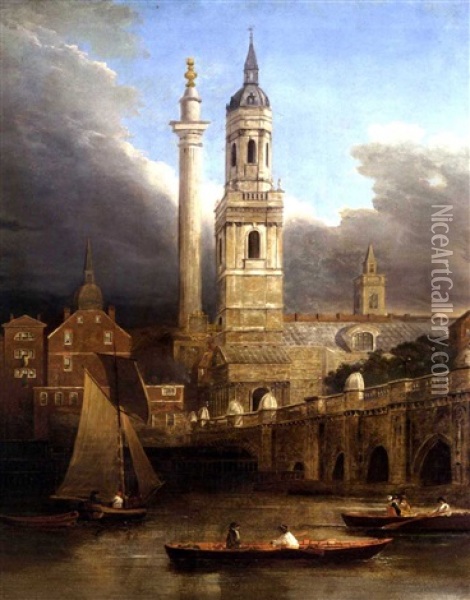 A View Of London Bridge And Monument From The South West Oil Painting - Joseph Farington