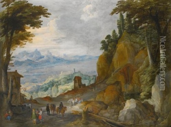 A Mountainous Landscape With Travellers On A Path, A Lake And Harbour Beyond Oil Painting - Philips de Momper the Elder