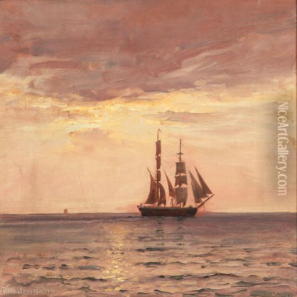Seascape With A Bring At Sunset Oil Painting - Vilhelm Karl Ferd. Arnesen