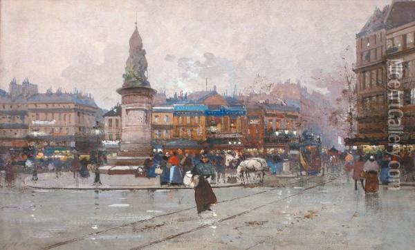 Animation Place Clichy Oil Painting - Eugene Galien-Laloue