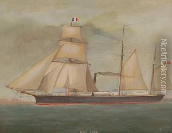 Portrait Of The Steam And Sail Ship Hms Avon Off The Coast Ofnaples Oil Painting - Antonio de Simone