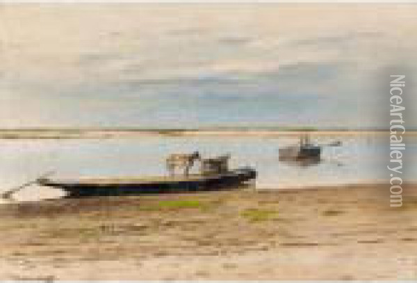 Two Boats By A Riverbank Oil Painting - Sergei Ivanovitch Svetoslavsky