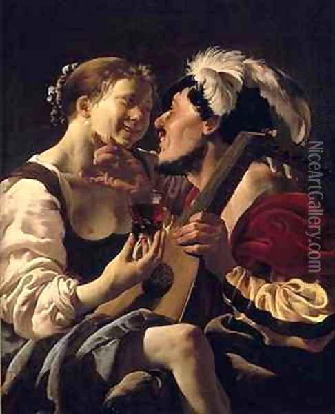 A luteplayer carousing with a young woman Oil Painting - Hendrick Ter Brugghen