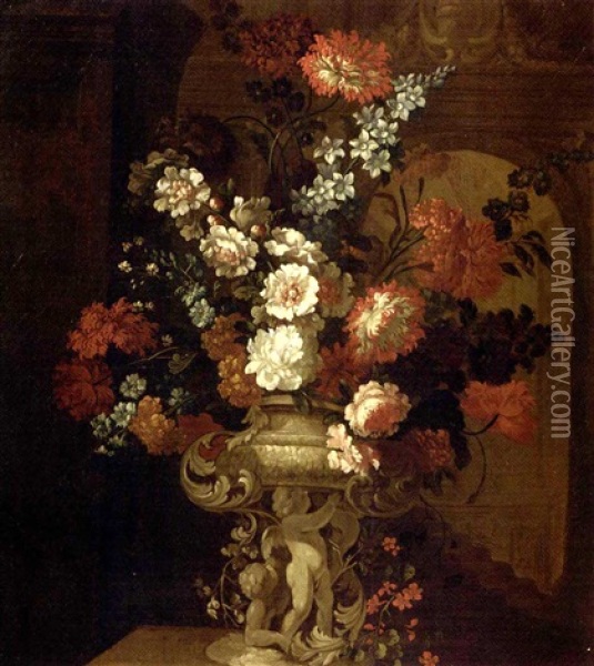 Mixed Flowers In A Sculpted Urn With Putti On A Ledge, In An Interior Oil Painting - Pieter Casteels III
