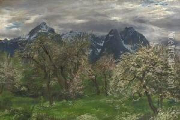 Fruhlingshafte Gebirgslandschaft
 Mit Blick Auf Alp- Und Zugspitze. Oil Painting - Carl Reiser