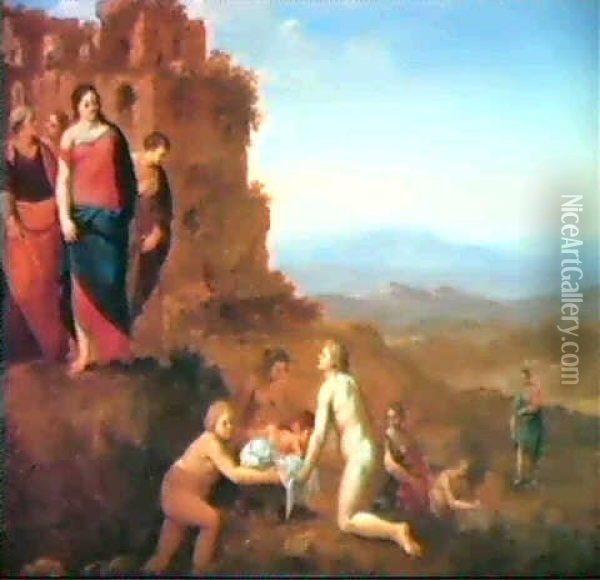 Die Auffindung Moses Oil Painting - Cornelis Van Poelenburgh