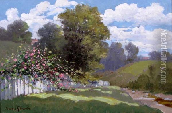 Depicting Roses Along White Fence And Dirt Road Oil Painting - Frank J. Girardin