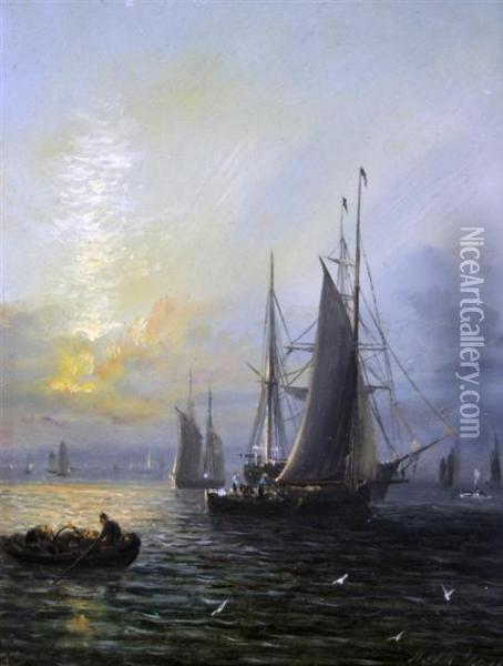 Fishing Boats At Sunset Oil Painting - Adolphus Knell