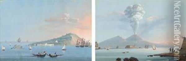 Fishing Off The Neapolitan Coast; And Vesuvius Erupting Oil Painting - Camillo da Vito