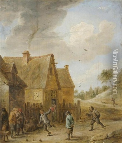 Landliche Szene Vor Einer Schenke Mit Boulespielern Oil Painting - Juliaen Teniers the Younger