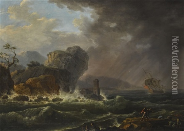 A Landscape With Fishermen On A Rock, With Ships Beyond In Heavy Seas Oil Painting - Claude Joseph Vernet