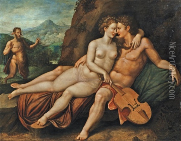 Apollon Et Venus, Dans Un Paysage Montagneux, Marsyas En Arriere Plan Oil Painting - Hendrick De Clerck