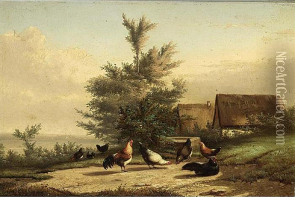 Chickens In A Landscape Oil Painting - Jef Louis Van Leemputten