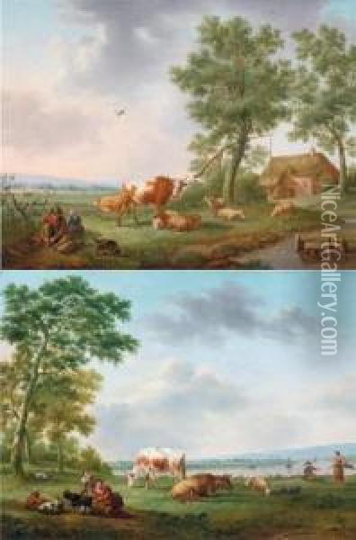 Pastori Con Armenti In Un Paesaggio Soleggiato Oil Painting - Hendrick Willelm Schweickhardt