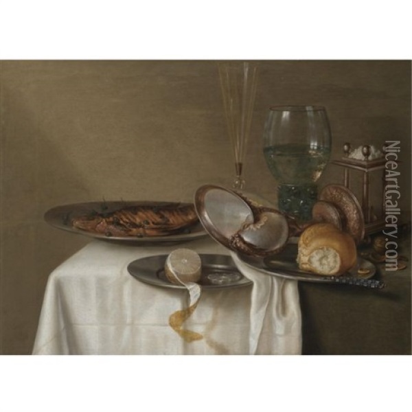 A Still Life With A Half-peeled Lemon On A Pewter Dish, A Dried Fish With Capers, A Wine Glass, Roemer, Triangular Salt Cellar And A Nautilus-shell Cup On A Table Oil Painting - Maerten Boelema De Stomme