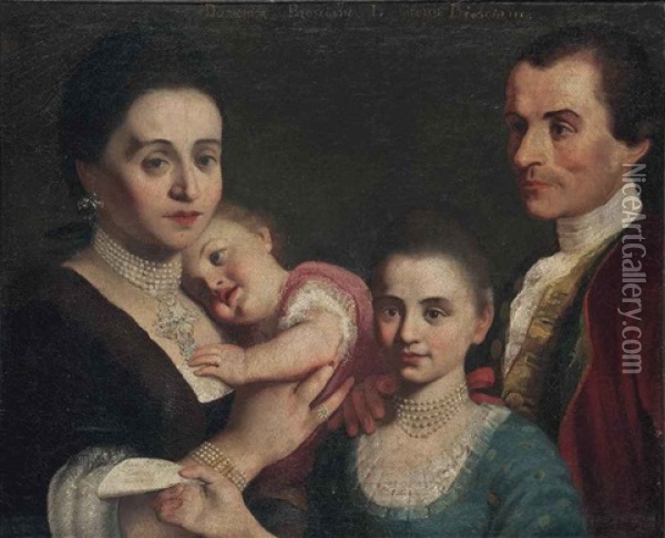A Group Portrait Of A Gentleman, His Wife And Two Children, Bust Lengths Oil Painting - Giuseppe Bonito