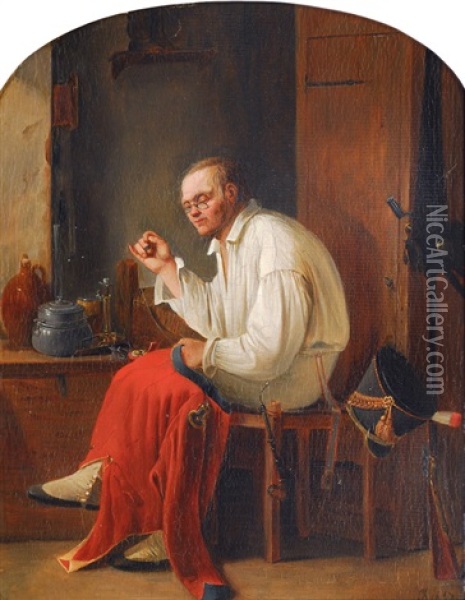Soldier Sewing His Regimentals Oil Painting - August Jacob Barlach