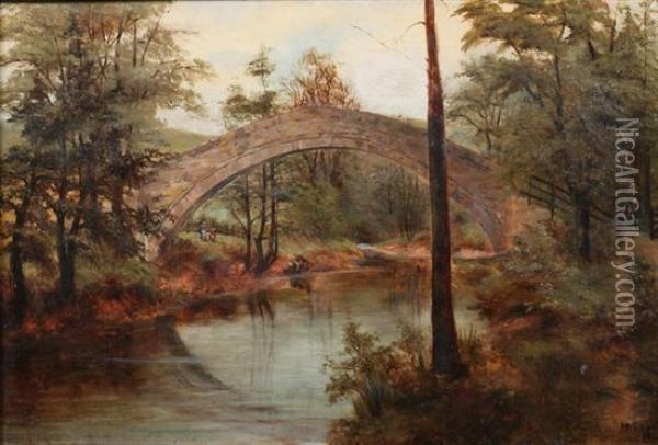 Stone Bridge Over River Oil Painting - M. Evers