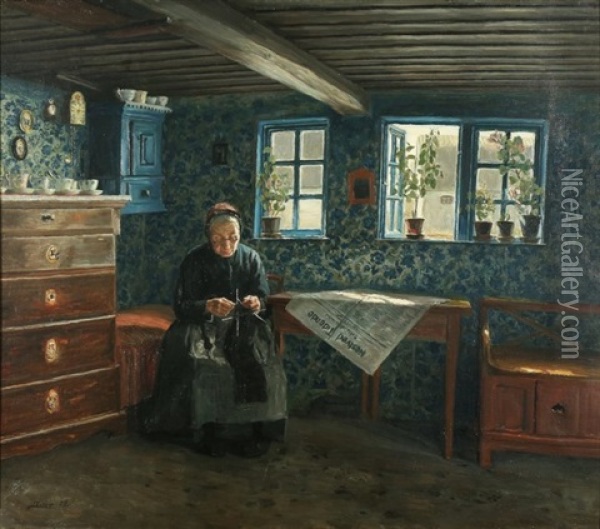 Woman Knitting Oil Painting - Soren Christensen