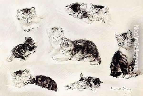 A Study Of Cats Drinking, Sleeping And Playing Oil Painting - Henriette Ronner-Knip