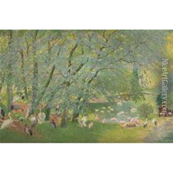 Flamingos Im Stadtgarten Oil Painting - Ludwig Wilhelm Plock