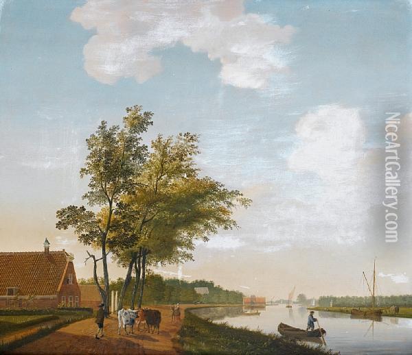 An Extensive River Landscape With A Drover Andhis Cattle On A Country Path Oil Painting - Hendrik Keun
