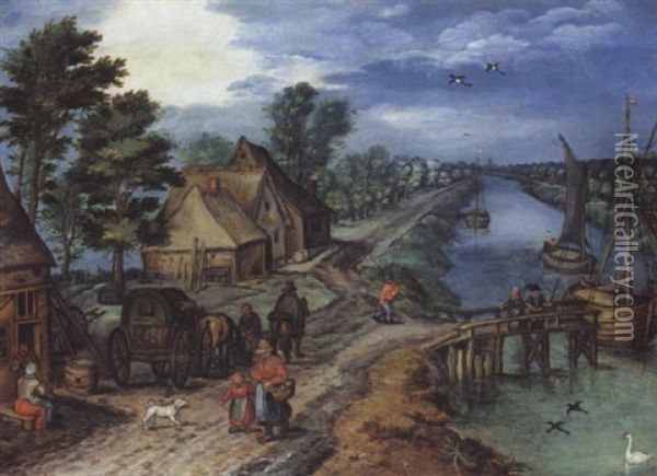 Scene Villageoise Au Bord D'un Canal Oil Painting - Christoffel van den Berge