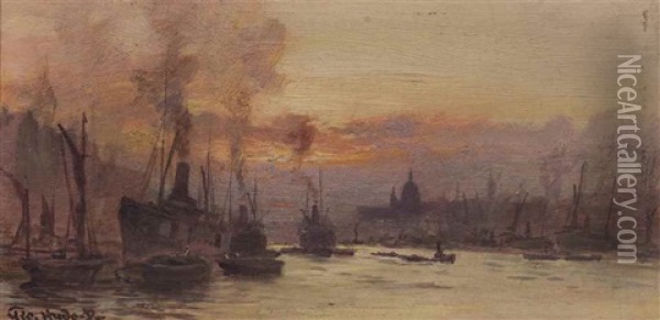 Sunset On The Thames With St Paul's Beyond Oil Painting - George Hyde Pownall