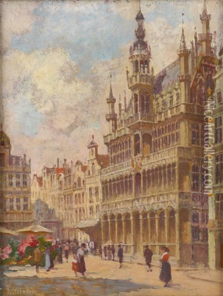Marche Aux Fleurs A La Grand Place De Bruxelles Oil Painting - Sophus Theobald Levinsen