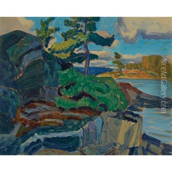 Rocky Shore, Sturgeon Bay (near Pointe-au-baril, Georgian Bay) Oil Painting - James Edward Hervey MacDonald