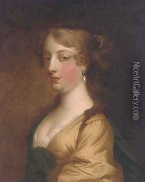 Portrait of a lady, bust-length, in a yellow dress and blue wrap Oil Painting - Sir Peter Lely