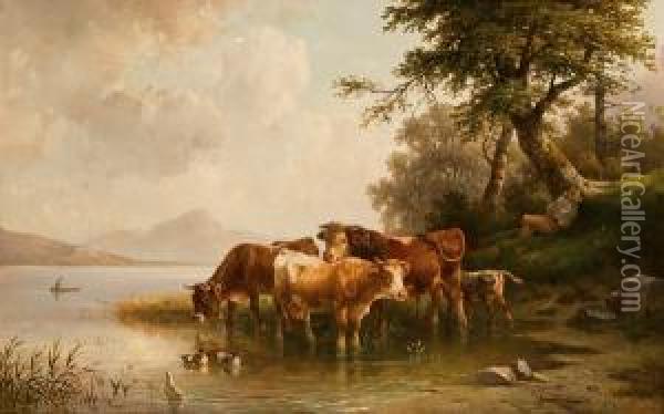 Kleine Kuhherde Am See Oil Painting - Edmund Mahlknecht