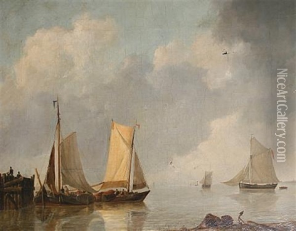 Shipping On A Calm Sea Oil Painting - Johannes Christiaan Schotel