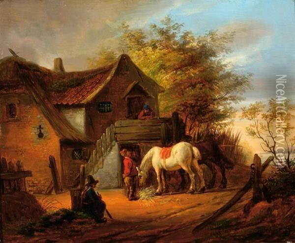 A White Horse And Some Figures By A Farm Oil Painting - Eugene Francois De Block
