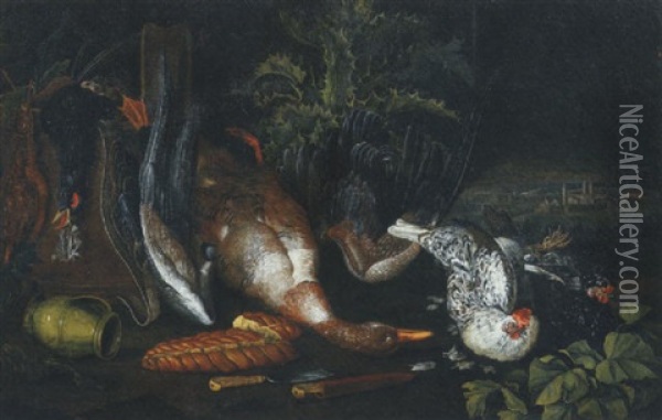 A Partridge, A Dead Duck, A Pitcher, Two Knives A Loaf Of Bread And Hens, On A Forest Floor Oil Painting - Philipp Ferdinand de Hamilton