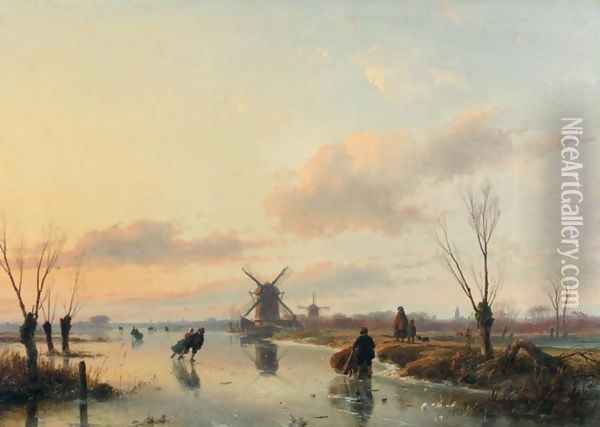 Skaters in a Winter Landscape with Windmills Oil Painting - Andreas Schelfhout